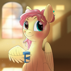 Size: 1080x1080 | Tagged: safe, artist:杏银花开, derpibooru import, fluttershy, pegasus, pony, blushing, female, looking at you, mare, mug, solo, wing hands, wings