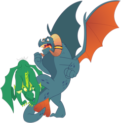 Size: 1000x1020 | Tagged: safe, artist:queencold, derpibooru import, dragon lord torch, reginald, dragon, duo, kicking, simple background, transparent background