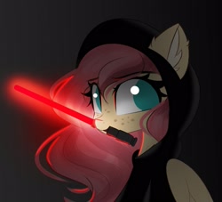 Size: 1923x1748 | Tagged: safe, artist:janelearts, derpibooru import, fluttershy, pony, lightsaber, mouth hold, sith, solo, star wars, weapon