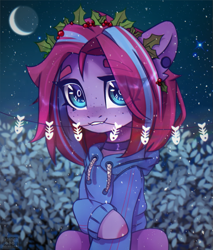 Size: 1029x1209 | Tagged: safe, artist:reterica, derpibooru import, oc, oc only, earth pony, pony, clothes, freckles, hoodie, moon, night, sky, solo, stars