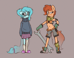 Size: 959x756 | Tagged: safe, artist:rexyseven, derpibooru import, oc, oc only, oc:rusty gears, oc:whispy slippers, anthro, earth pony, plantigrade anthro, anthro oc, belly button, boots, clothes, duo, duo female, female, filly, foal, freckles, glasses, gloves, gray background, looking at you, midriff, scarf, shoes, shorts, simple background, skirt, slippers, smirk, socks, sweater, wrench
