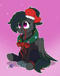 Size: 1744x2208 | Tagged: safe, artist:rokosmith26, derpibooru import, oc, oc only, hippogriff, hybrid, bow, cheek fluff, chest fluff, christmas, christmas stocking, christmas wreath, claws, clothes, commission, ears, female, floppy ears, gradient background, hippogriff hybrid, hippogriff oc, holiday, jersey, looking up, mare, one ear down, pants, ponytail, raised hoof, raised leg, ribbon, simple background, sitting, smiling, solo, sweat, sweatdrop, tail, tongue, tongue out, wings, wreath, ych result