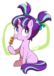 Size: 1246x1758 | Tagged: safe, artist:nendo, derpibooru import, starlight glimmer, pony, unicorn, cream background, cute, dango, eating, female, filly, filly starlight glimmer, foal, food, glimmerbetes, pigtails, simple background, sitting, solo, white pupils, younger