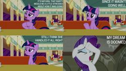 Size: 1280x720 | Tagged: safe, derpibooru import, edit, edited screencap, editor:quoterific, screencap, rarity, twilight sparkle, twilight sparkle (alicorn), alicorn, earth pony, pony, unicorn, season 6, the saddle row review, ears, eyes closed, female, floppy ears, male, mare, open mouth, stallion