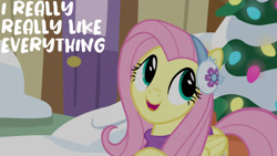 Size: 1280x720 | Tagged: safe, derpibooru import, edit, edited screencap, editor:quoterific, screencap, fluttershy, pegasus, pony, best gift ever, christmas, christmas lights, christmas tree, cute, female, holiday, mare, open mouth, open smile, shyabetes, smiling, snow, solo, tree