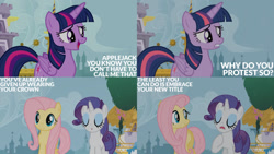 Size: 1280x720 | Tagged: safe, derpibooru import, edit, edited screencap, editor:quoterific, screencap, fluttershy, rarity, twilight sparkle, twilight sparkle (alicorn), alicorn, pegasus, pony, unicorn, princess twilight sparkle (episode), season 4, :o, female, mare, open mouth, open smile, smiling