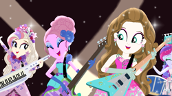 Size: 1367x768 | Tagged: safe, artist:gihhbloonde, derpibooru import, oc, oc only, equestria girls, legend of everfree, base used, clothes, dress, electric guitar, eyelashes, eyes closed, female, flower, flower in hair, gloves, group, guitar, long gloves, makeup, musical instrument, smiling