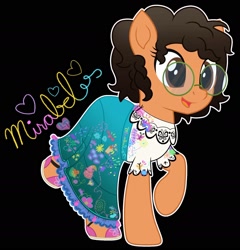 Size: 1724x1797 | Tagged: safe, artist:lovinglypromise, derpibooru import, earth pony, pony, black background, clothes, encanto, female, glasses, mare, mirabel madrigal, ponified, simple background, solo