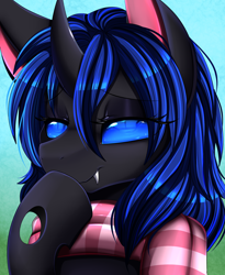 Size: 1446x1764 | Tagged: safe, artist:pridark, derpibooru import, oc, oc only, oc:swift dawn, changeling, blue background, blue changeling, blue eyes, bust, changeling oc, clothes, eyebrows, eyebrows visible through hair, eyelashes, eyeliner, eyeshadow, fangs, femboy, gradient background, green background, hoof over mouth, horn, lidded eyes, looking at you, makeup, male, portrait, raffle prize, scarf, simple background, smiling, smiling at you, solo, stallion, trap
