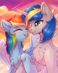 Size: 2800x3500 | Tagged: safe, artist:peaceanya0206, derpibooru import, rainbow dash, oc, oc:dopami korpela, pegasus, pony, unicorn, blushing, canon x oc, chest fluff, dopadash, female, horn, male, mare, shipping, shooting star, snuggling, stallion, straight, sunset, unicorn oc