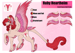 Size: 1024x725 | Tagged: safe, artist:oneiria-fylakas, derpibooru import, oc, oc only, oc:ruby heartheim, crystal pony, pegasus, pony, crystal pegasus, reference sheet, solo