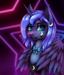 Size: 1080x1260 | Tagged: safe, artist:shamziwhite, derpibooru import, princess luna, alicorn, pony, bowtie, bust, chest fluff, fanart, feathered wings, female, horn, looking at you, mare, open mouth, open smile, portrait, smiling, smiling at you, solo, standing, wings