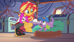 Size: 1920x1080 | Tagged: safe, derpibooru import, screencap, spike, spike the regular dog, sunset shimmer, dog, equestria girls, legend of everfree, boots, camp everfree outfits, clothes, denim shorts, looking at each other, looking at someone, shoes, shorts, socks, tent