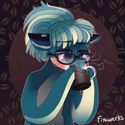 Size: 6000x6000 | Tagged: safe, artist:fiyawerks, derpibooru import, oc, oc:gizmo, earth pony, pony, bored, bust, coffee, coffee mug, dark background, drinking, glasses, huff, mug, sipping, solo, waist up