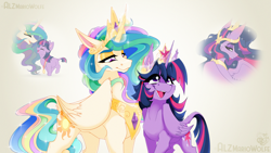Size: 4800x2700 | Tagged: safe, artist:alzmariowolfe, derpibooru import, princess celestia, princess twilight 2.0, twilight sparkle, twilight sparkle (alicorn), unicorn twilight, alicorn, pony, unicorn, g4, the last problem, big crown thingy, cheek fluff, crown, crying, cutie mark, duo, duo female, ear fluff, ears, element of magic, ethereal mane, eyeshadow, female, filly, filly twilight sparkle, foal, glowing, glowing horn, growth, horn, jewelry, leg fluff, lidded eyes, looking at someone, looking at something, looking back, magic, magic kindergarten, mamma mia, mare, medal, multicolored mane, multicolored tail, necklace, older, older twilight, open mouth, peytral, princess, purple coat, purple eyes, purple eyeshadow, regalia, signature, simple background, sparkly mane, sparkly tail, starry mane, teacher and student, tears of joy, teeth, tongue, white background, white coat, wing fluff, yellow eyeshadow, younger