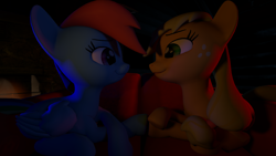 Size: 3840x2160 | Tagged: safe, derpibooru import, applejack, rainbow dash, earth pony, pegasus, pony, 3d, appledash, female, lesbian, original art, photo, shipping