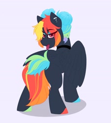 Size: 3698x4096 | Tagged: safe, artist:rand-dums, derpibooru import, oc, oc only, pegasus, pony, choker, female, looking back, multicolored hair, open mouth, piercing, simple background, solo, tongue, tongue out, tongue stud