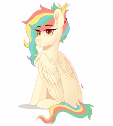 Size: 2736x3057 | Tagged: safe, artist:rand-dums, derpibooru import, oc, oc only, pegasus, pony, chest fluff, female, multicolored hair, simple background, sitting, solo, white background