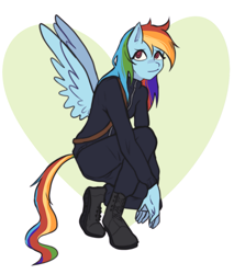 Size: 1107x1297 | Tagged: safe, artist:meliciamelano, derpibooru import, rainbow dash, anthro, pegasus, plantigrade anthro, boot, boots, clothes, crouching, female, looking at you, mare, shoes, simple background, smiling, wings