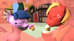 Size: 852x477 | Tagged: safe, artist:kwark85, derpibooru import, big macintosh, twilight sparkle, 3d, cupcake, female, food, magic, male, shipping, source filmmaker, straight, twimac