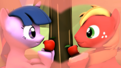 Size: 852x476 | Tagged: safe, artist:kwark85, derpibooru import, big macintosh, twilight sparkle, 3d, apple, female, food, male, shipping, source filmmaker, straight, twimac