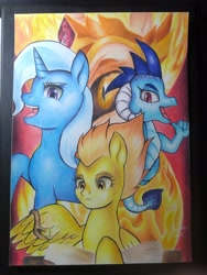 Size: 3120x4160 | Tagged: safe, derpibooru import, daybreaker, princess ember, spitfire, trixie, dragon, pony, book, fire