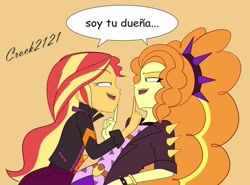 Size: 1136x842 | Tagged: safe, artist:crock2121, derpibooru import, adagio dazzle, sunset shimmer, better together, equestria girls, sunset's backstage pass!, female, lesbian, music festival outfit, shipping, spanish, sunsagio