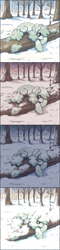 Size: 804x3325 | Tagged: safe, artist:anonymous, oc, oc only, oc:lichen, pony, 4 panel comic, blushing, eye clipping through hair, female, log, mare, sleeping, snow, snowfall, snowpony (species), solo, taiga pony, tree