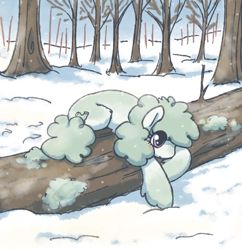 Size: 3604x3718 | Tagged: safe, artist:anonymous, oc, oc only, oc:lichen, pony, blushing, eye clipping through hair, female, log, mare, snow, snowfall, snowpony (species), solo, taiga pony, tree