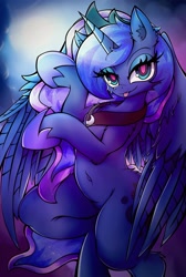 Size: 2747x4096 | Tagged: safe, artist:canvymamamoo, derpibooru import, princess luna, alicorn, semi-anthro, :p, belly button, breasts, chest fluff, ear fluff, ears, female, hoof shoes, jewelry, lidded eyes, peytral, regalia, smiling, solo, tongue, tongue out