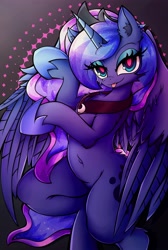 Size: 2747x4096 | Tagged: safe, alternate version, artist:canvymamamoo, derpibooru import, princess luna, alicorn, semi-anthro, :p, abstract background, belly button, breasts, chest fluff, ear fluff, ears, female, hoof shoes, jewelry, lidded eyes, peytral, regalia, smiling, solo, tongue, tongue out
