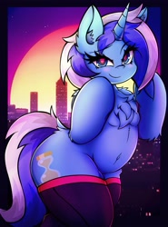 Size: 3024x4096 | Tagged: safe, artist:canvymamamoo, derpibooru import, minuette, semi-anthro, unicorn, belly button, blushing, chest fluff, city, clothes, ear fluff, ears, female, frog (hoof), looking at you, raised eyebrow, retrowave, smiling, solo, stockings, thigh highs, underhoof