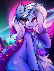 Size: 3137x4096 | Tagged: safe, artist:canvymamamoo, derpibooru import, trixie, semi-anthro, unicorn, blushing, breasts, cape, chest fluff, clothes, ear fluff, ears, female, lidded eyes, looking at you, retrowave, saturn, smiling, solo, tongue, tongue out, trixie's cape, unshorn fetlocks