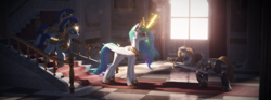 Size: 3840x1427 | Tagged: safe, artist:etherium-apex, princess celestia, oc, oc:rosin bow, alicorn, earth pony, pony, unicorn, 3d, armor, blender, blender eevee, bowing, chainmail, cuirass, eyes closed, female, indoors, knight, knighting, levitation, looking at someone, magic, male, mare, plate armor, royal guard, smiling, stallion, sword, telekinesis, weapon