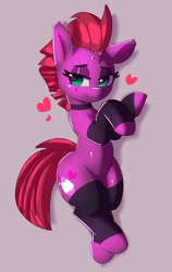 Size: 1685x2673 | Tagged: safe, artist:pabbley, derpibooru import, fizzlepop berrytwist, tempest shadow, pony, unicorn, 1 hour drawing, arm warmers, bedroom eyes, belly button, black arm warmers, black choker, black eyeshadow, black leg warmers, broken horn, choker, clothes, cute, cutie mark, ears, eye scar, eyeshadow, female, floating heart, floppy ears, gray background, green eyes, happy, heart, horn, leg warmers, looking to side, looking to the left, lying down, mare, mohawk, on side, purple coat, raised hoof, raised leg, red mane, red tail, scar, shiny skin, simple background, smiling, solo, stockings, tempestbetes, wide hips