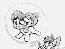 Size: 1758x1342 | Tagged: safe, artist:heretichesh, derpibooru import, apple bloom, sweetie belle, earth pony, pony, unicorn, :t, bubble, bubble wand, duo, ears, female, filly, floppy ears, foal, grayscale, hoof hold, magnetic hooves, monochrome, nervous sweat, sweat