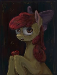 Size: 1569x2037 | Tagged: safe, artist:alexandrvirus, derpibooru import, apple bloom, earth pony, pony, apple, female, filly, foal, food, freckles, solo