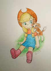 Size: 1463x2048 | Tagged: safe, artist:daisymane, derpibooru import, applejack, winona, dog, human, cute, humanized, jackabetes, smiling, traditional art, winonabetes, younger