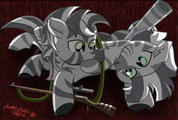 Size: 4704x3171 | Tagged: safe, artist:lincolnbrewsterfan, derpibooru exclusive, derpibooru import, oc, oc:lancer impalii, oc:xenith, zebra, fallout equestria, fallout equestria: project horizons, .svg available, :3, :d, alternate universe, burgundy, carpet, cel shading, chest fluff, cuddling, duo, ear fluff, ears, fanfic art, female, floor, floppy ears, friendshipping, glyphmark, gun, happy, highlights, holding, hoof hold, hoof on cheek, hoof on face, hoof on head, inkscape, inscriptions, lancer's hunter rifle, lifted leg, looking at each other, looking at someone, lying down, lying on top of someone, male, male and female, mane, mare, mosin nagant, mosin nagant m31, nc-tv signature, oc x oc, open mouth, open smile, optical sight, prone, raised hoof, raised leg, relaxing, rifle, shading, shipping, signature, simple background, small mouth, smiling, smiling at each other, sniper rifle, stallion, stallion oc, straight, strap, stripes, svg, tail, vector, watermark, weapon, xancer, zebra oc, zebra stripes
