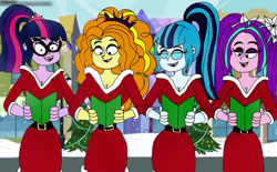 Size: 1280x793 | Tagged: safe, artist:rdj1995, derpibooru import, adagio dazzle, aria blaze, sci-twi, sonata dusk, twilight sparkle, equestria girls, caroling, the dazzlings