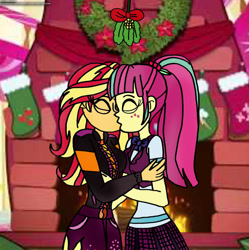 Size: 1280x1283 | Tagged: safe, artist:rdj1995, derpibooru import, sour sweet, sunset shimmer, equestria girls, female, kissing, lesbian, mistletoe, shipping, sourshimmer