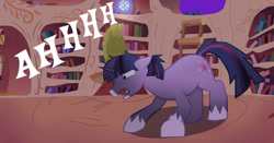 Size: 1280x670 | Tagged: safe, artist:mr100dragon100, derpibooru import, twilight sparkle, unicorn twilight, unicorn, golden oaks library, library, night, transformation, twilight unbound