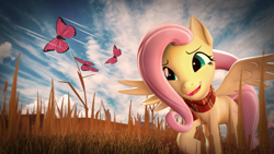 Size: 3840x2160 | Tagged: safe, artist:nebby14, derpibooru import, fluttershy, butterfly, pegasus, pony, 3d, 4k, clothes, farm, female, field, grass, grass field, happy, high res, mare, nature, poster, scarf, solo, source filmmaker, wallpaper