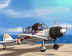 Size: 3000x2350 | Tagged: safe, artist:t72b, derpibooru import, starlight glimmer, pony, unicorn, a6m, aircraft carrier, akagi, clothes, goggles, hat, historical roleplay starlight, ijn akagi, imperial japanese navy, mitsubishi a6m zero, ocean, pearl harbor, pilot, plane, solo, world war ii