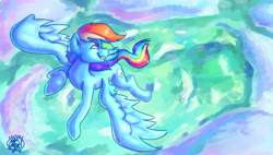 Size: 1800x1020 | Tagged: safe, artist:mannybcadavera, derpibooru import, rainbow dash, pegasus, pony, backwards cutie mark, female, flying, grin, looking back, mare, smiling, solo, spread wings, wings