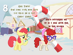 Size: 1280x960 | Tagged: safe, artist:bronybyexception, derpibooru import, apple bloom, twist, earth pony, pony, advent calendar, candy, candy cane, christmas, dialogue, divorce, female, food, gee bill, glasses, hat, holiday, mare, missing cutie mark, snow