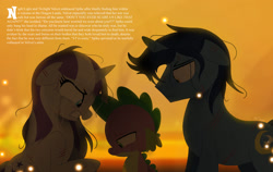 Size: 1280x810 | Tagged: safe, artist:heavysplatter, derpibooru import, night light, spike, twilight velvet, dragon, pony, unicorn, crying, female, frown, gritted teeth, male, mare, messy mane, scar, stallion, story included, trio