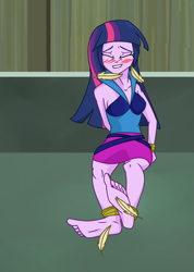 Size: 1364x1911 | Tagged: safe, artist:splendidbondage, derpibooru import, twilight sparkle, equestria girls, ankle tied, arm behind back, barefoot, blushing, bondage, bound wrists, clothes, eyes closed, feather, feet, fetish, foot fetish, grin, shirt, smiling, soles, tickle torture, tickling, tied up, toes