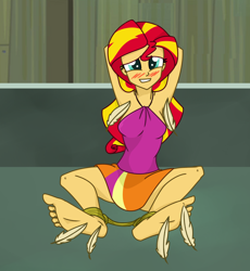 Size: 1376x1497 | Tagged: safe, artist:splendidbondage, derpibooru import, sunset shimmer, equestria girls, ankle tied, arm behind head, armpit tickling, armpits, barefoot, blushing, bondage, clothes, feather, feet, fetish, foot fetish, foot focus, grin, skirt, smiling, soles, tickle torture, tickling, tied up