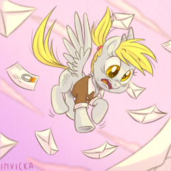 Size: 1280x1280 | Tagged: safe, artist:imvicka, derpibooru import, derpy hooves, pegasus, pony, alternate hairstyle, cute, delivery, derpabetes, envelope, female, letter, mailmare, mare, ponytail, silly, silly pony, solo